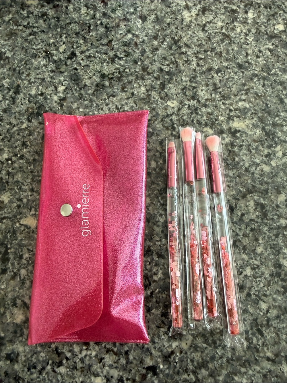 New Glamierre Pink Glitter Travel Makeup Brush Set with Pouch